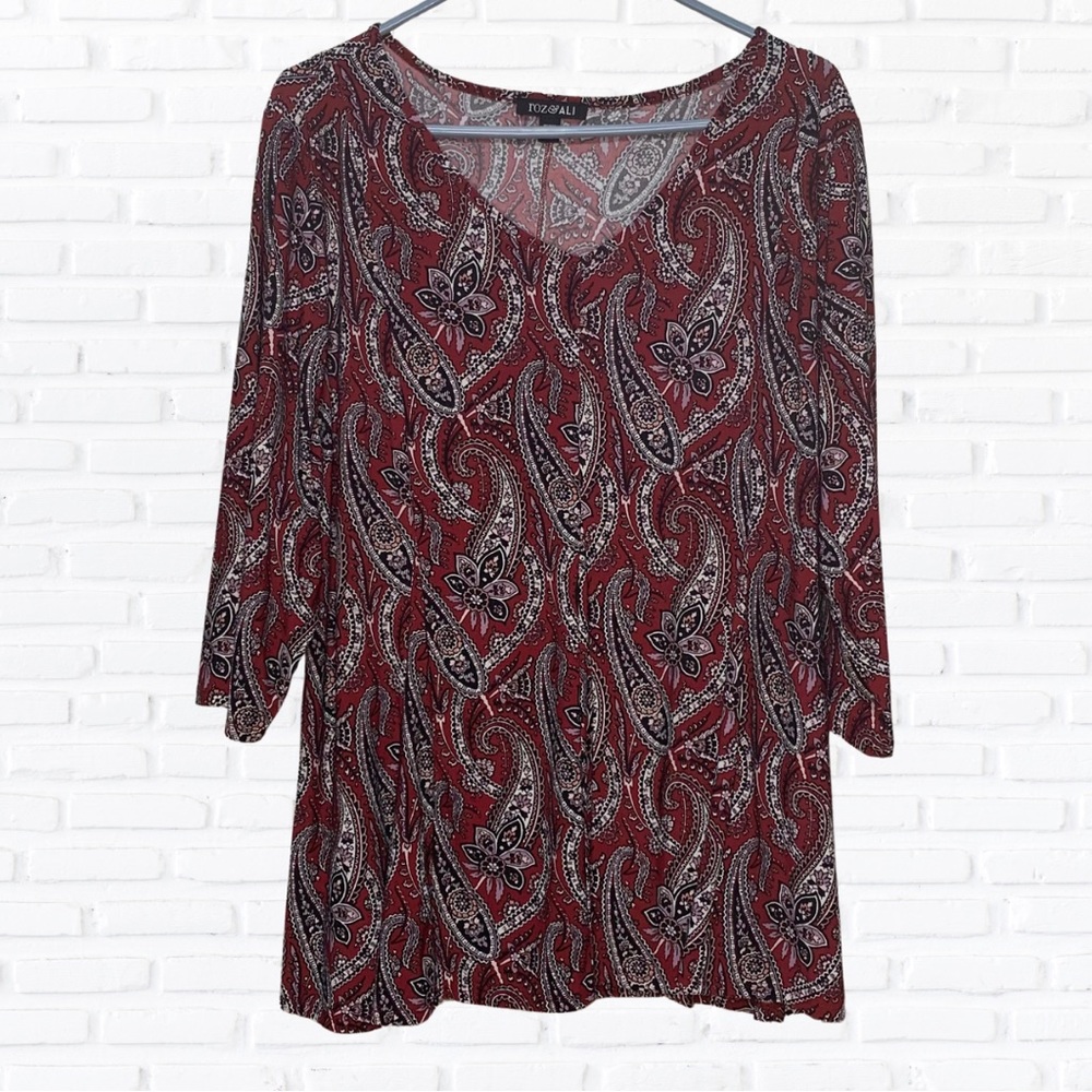 Red, Black, and White Paisley Top